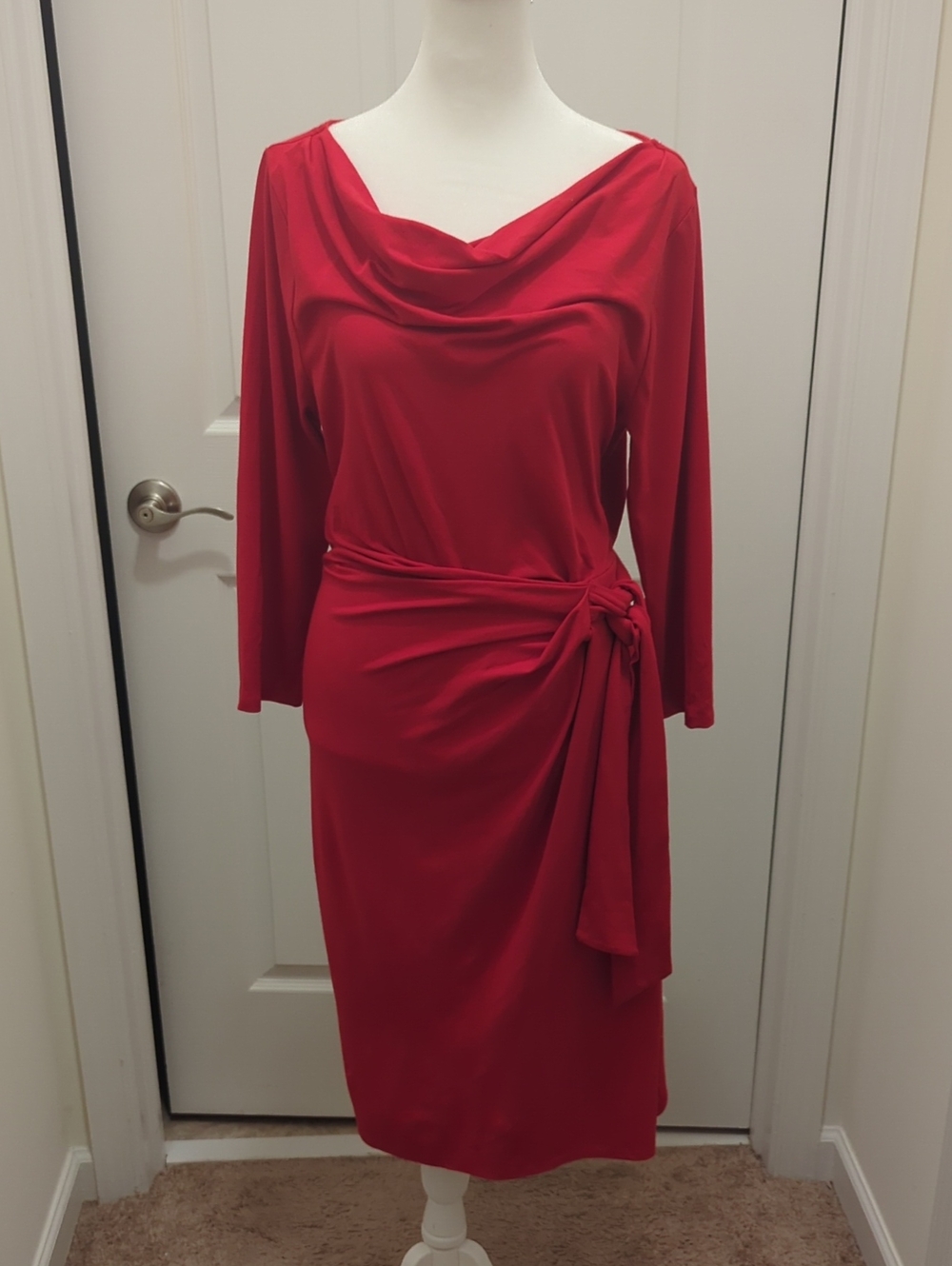 Ann Taylor Red Drape-Neck Long Sleeve Tie-Waist Dress